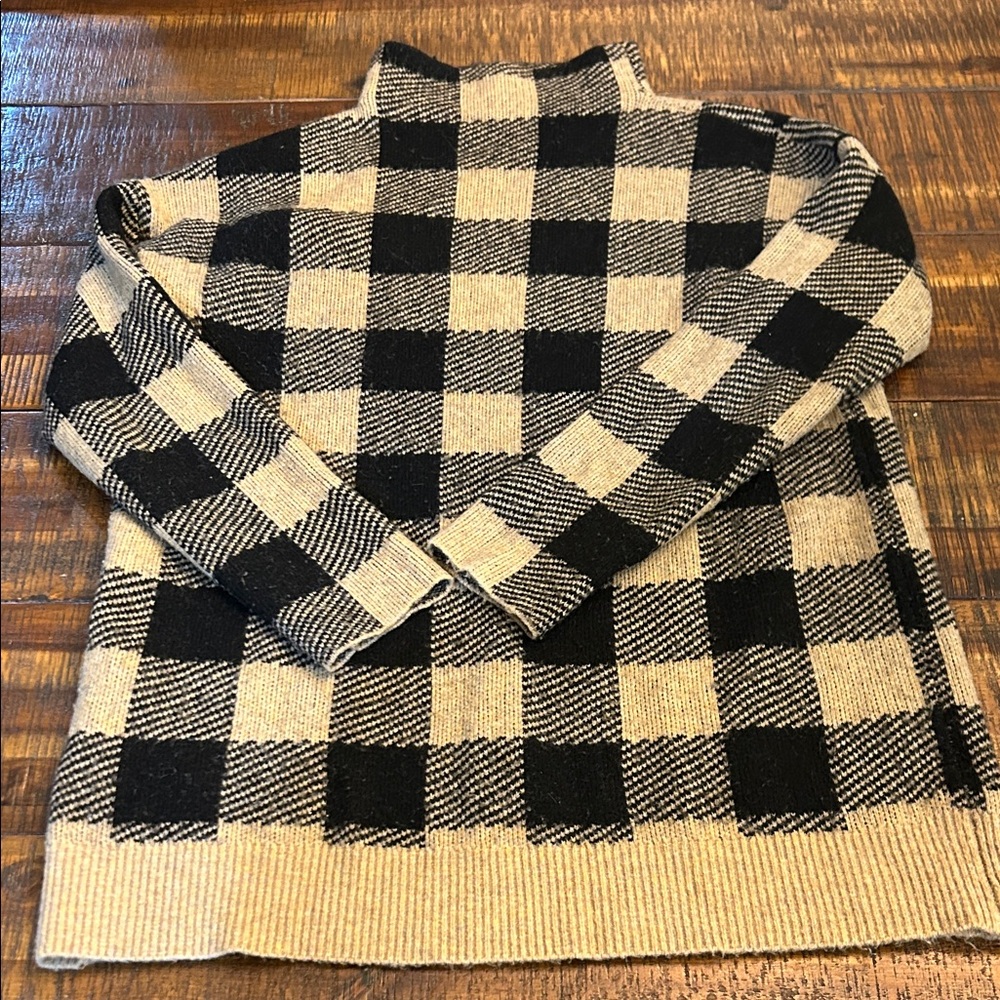 LOFT Black and Tan Checkered Turtleneck Sweater
